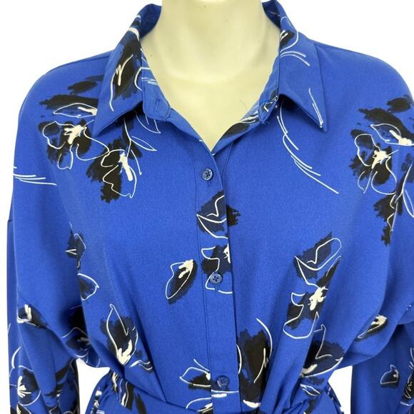 Nine West Womens Blue Floral Long Sleeve Button Up Shirt Dress Belted sz Large - Picture 5 of 16